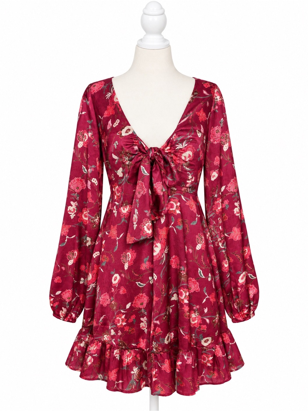 Melloday Floral Satin Mini Dress Women’s Large Burgundy Long Sleeve Ruffle Hem